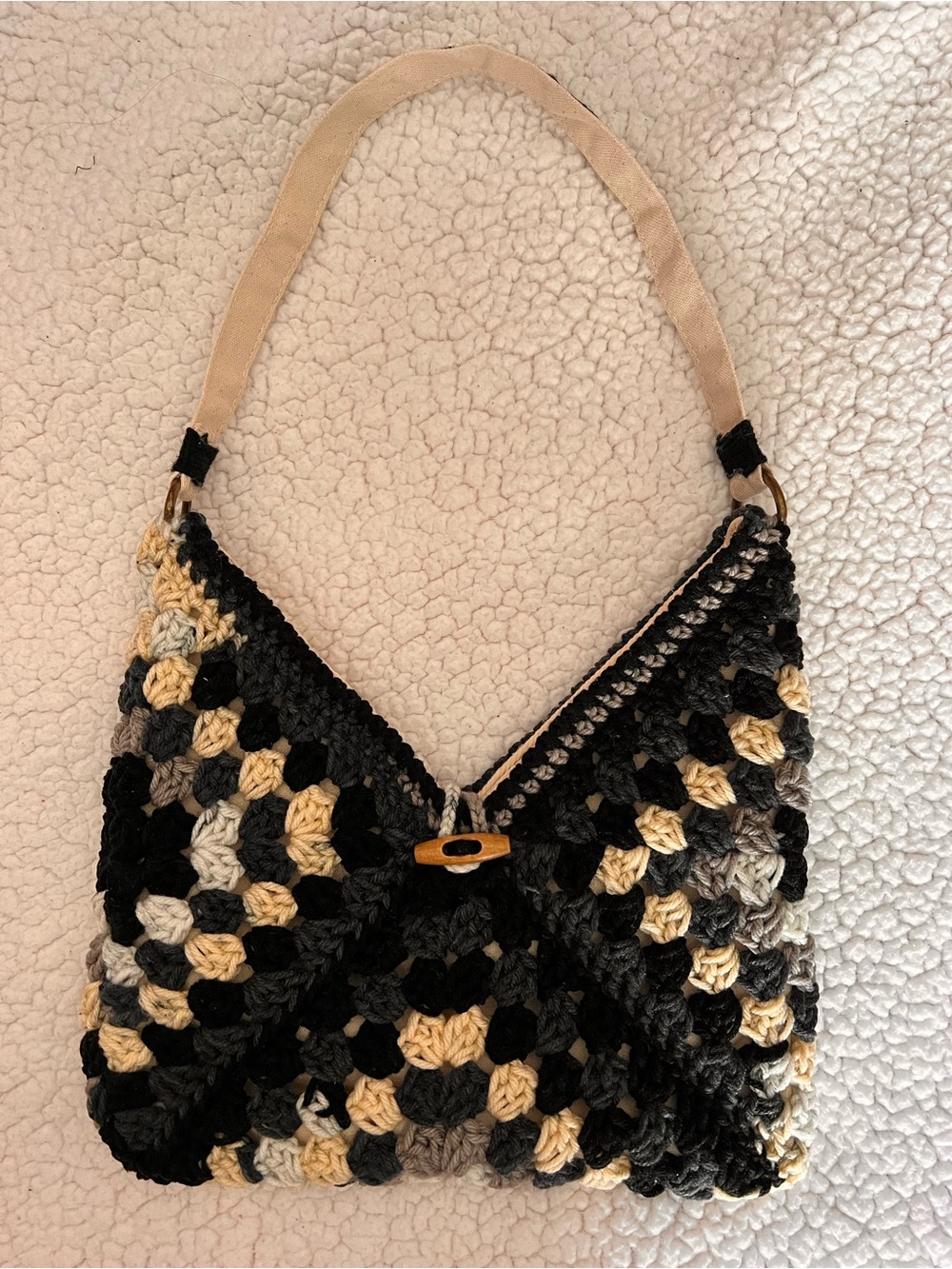 Crochet Hobo Shoulder Bag in Black, Cream & Gray